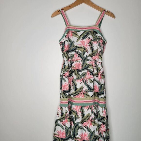 Loft Sundress Linen Blend Pink Green White Tropical Floral Maxi 0 Paradise - Picture 3 of 9